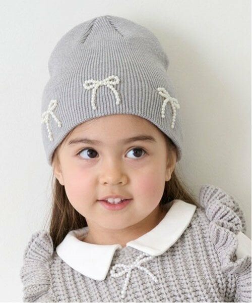 petit main / プティマイン ニットキャップ | パールリボンつきニットキャップ（グレー）