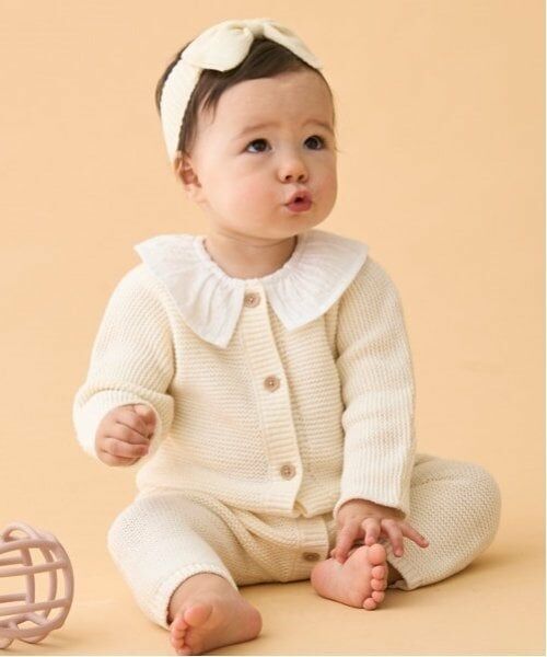 petit main / プティマイン ロンパース | フリル衿つきニットカバーオール（アイボリー）