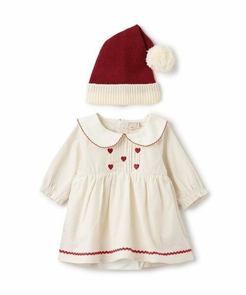 petit main / プティマイン ロンパース | Xmas　なりきり襟ハート刺繍OPロンパース（アイボリー）