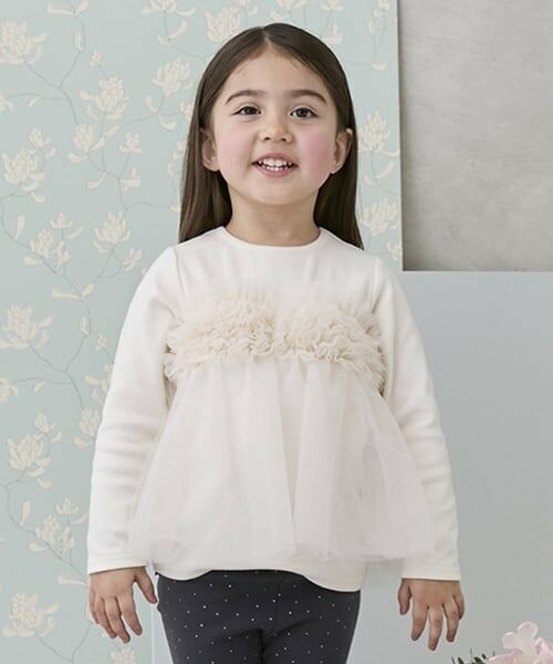 petit main / プティマイン Tシャツ | 【リンク】チュールビスチェドッキング長T(キッズ)（オフ ホワイト）