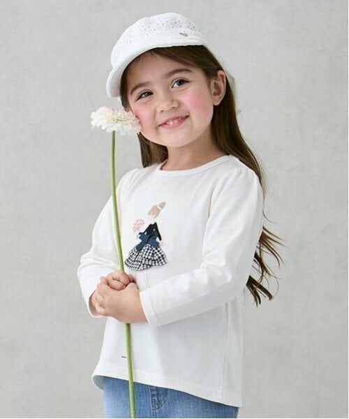 petit main / プティマイン Tシャツ | 【リンク】girlアップリケ長T(キッズ)（オフ ホワイト）