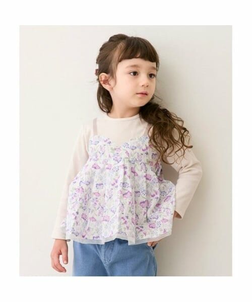 petit main / プティマイン Tシャツ | 【リンク】花柄ドッキング長T(キッズ) | 詳細1