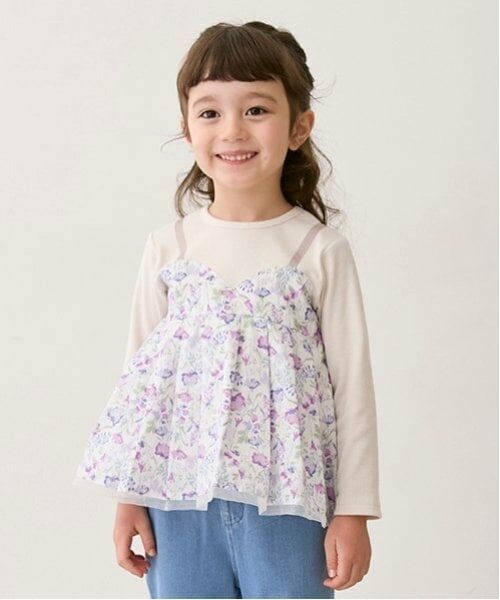 petit main / プティマイン Tシャツ | 【リンク】花柄ドッキング長T(キッズ)（ピンク）