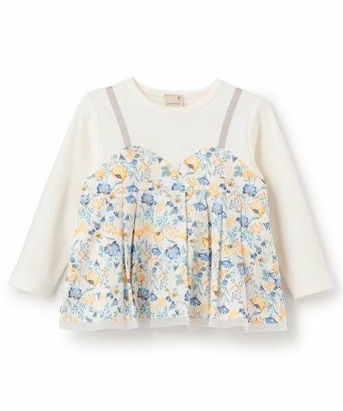 petit main / プティマイン Tシャツ | 【リンク】花柄ドッキング長T(キッズ)（ブルー）