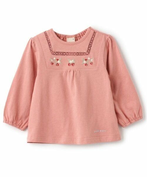 petit main / プティマイン Tシャツ | いちご刺しゅう長袖T（ピンク）