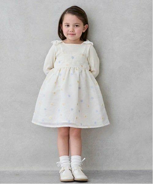 petit main / プティマイン ミニ丈・ひざ丈ワンピース | 【リンク】花刺しゅうワンピース(キッズ)（生成）
