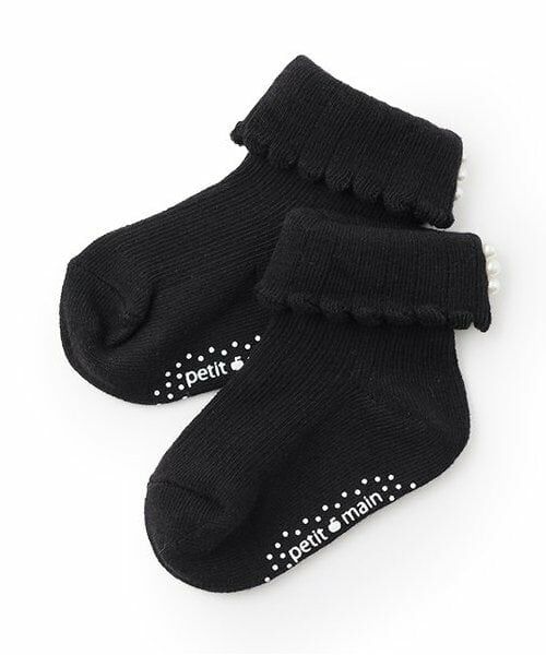 petit main / プティマイン ソックス | パール付きクルーソックス（黒）