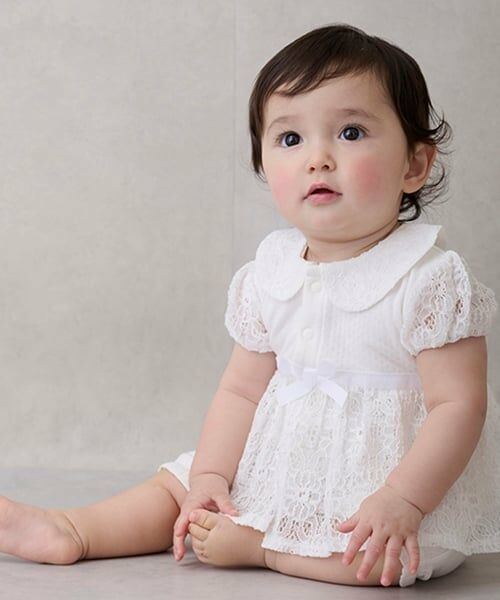 petit main / プティマイン ロンパース | 【弱酸性】レースペプラム半袖2WAYオール（アイボリー）