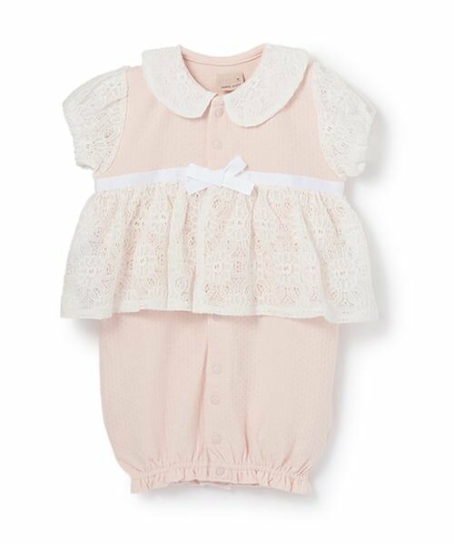 petit main / プティマイン ロンパース | 【弱酸性】レースペプラム半袖2WAYオール（サーモン ピンク）