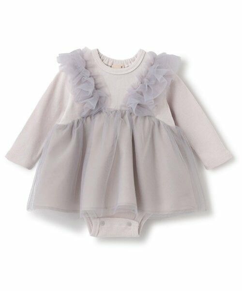 petit main / プティマイン ロンパース | 【リンク】肩フリルチュールOPロンパース（ブルー グレー）