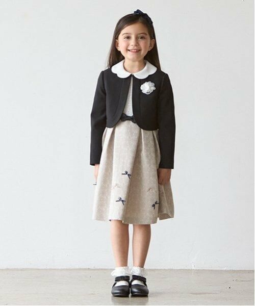 petit main / プティマイン セットアップ | ジャガードリボンOP+衿つきJKセット(ベージュ)