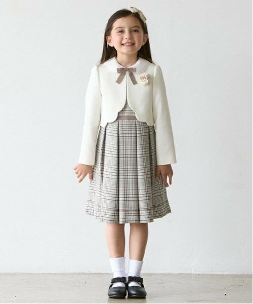 petit main / プティマイン セットアップ | チェックOP+スカラップジャケットセット(ベージュ)