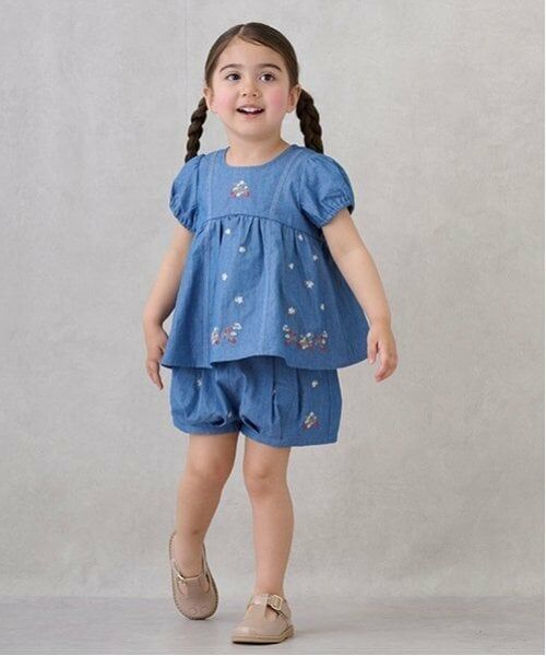 petit main / プティマイン ショート・ハーフ・半端丈パンツ | いちご刺しゅうバルーンパンツ（ライト ブルー）