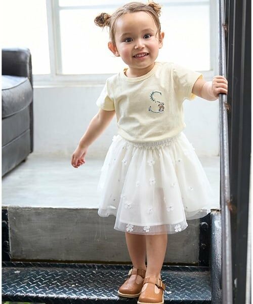 petit main / プティマイン ミニ・ひざ丈スカート | お花チュールスカート（オフ ホワイト）