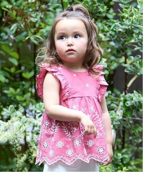 petit main / プティマイン Tシャツ | 【リンク】インド綿オーバーレースチュニック(キッズ)（ディープ ピンク）