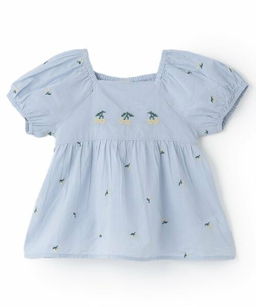 petit main / プティマイン シャツ・ブラウス | チェリー刺しゅうパフブラウス（ライト ブルー）