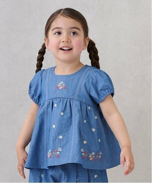 petit main / プティマイン Tシャツ | 【リンク】いちご刺しゅうパフチュニック(キッズ)（ライト ブルー）