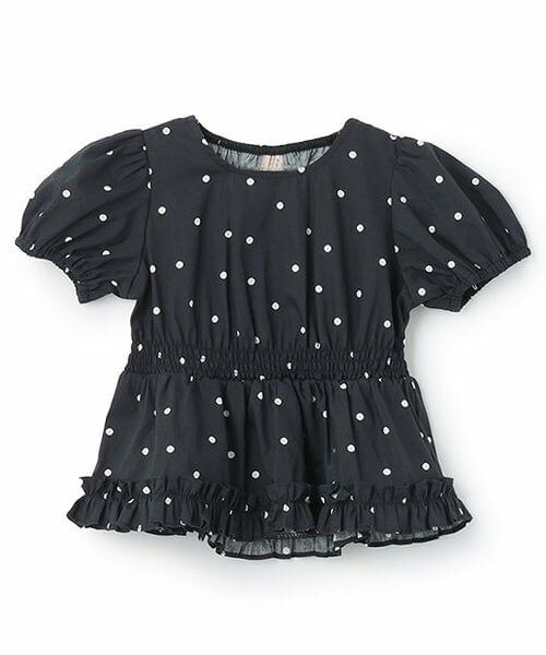 petit main / プティマイン Tシャツ | 【リンク】パフスリーブ柄チュニック(キッズ)（黒）