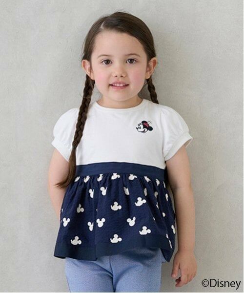 petit main / プティマイン Tシャツ | 【Disney】総柄ドッキングパフT（紺）