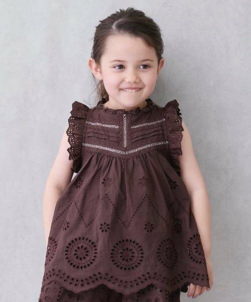 petit main / プティマイン Tシャツ | 【リンク】オーバーレースチュニック(キッズ)（コゲ茶）