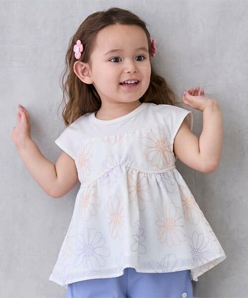 petit main / プティマイン Tシャツ | 【リンク】お花刺しゅうドッキングT(キッズ)（アイボリー）