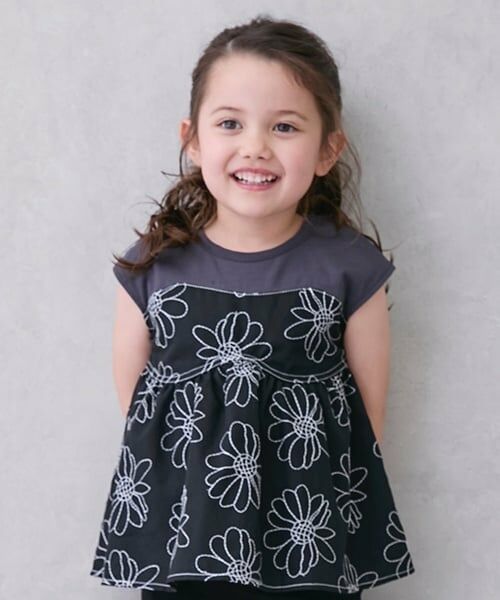 petit main / プティマイン Tシャツ | 【リンク】お花刺しゅうドッキングT(キッズ)（黒）