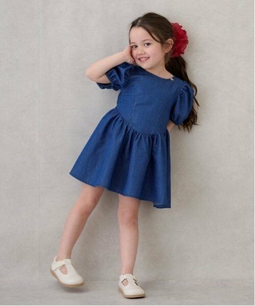 petit main / プティマイン ミニ丈・ひざ丈ワンピース | 袖パフペプラムワンピース（ブルー）