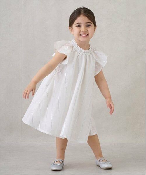 petit main / プティマイン ミニ丈・ひざ丈ワンピース | 【リンク】ラメストライプ/花柄ワンピース(キッズ)（オフ ホワイト）