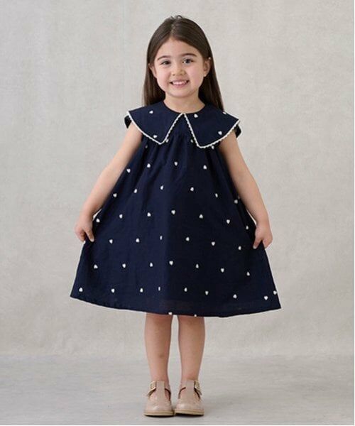 petit main / プティマイン ミニ丈・ひざ丈ワンピース | 【リンク】ハート刺しゅうワンピース(キッズ)（紺）