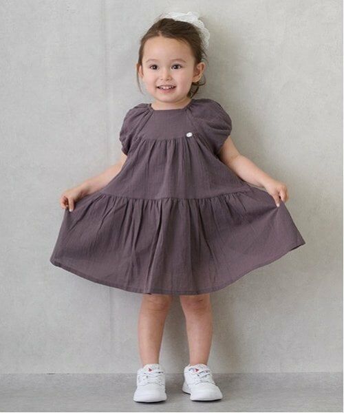 petit main / プティマイン ミニ丈・ひざ丈ワンピース | 【スマイル/速乾】袖バルーンワンピ（チャコール）