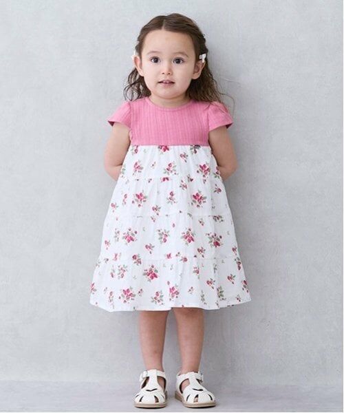 petit main / プティマイン ミニ丈・ひざ丈ワンピース | 【リンク】いちご柄ドッキングワンピース(キッズ)（オフ ホワイト）