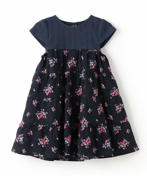 petit main / プティマイン ミニ丈・ひざ丈ワンピース | 【リンク】いちご柄ドッキングワンピース(キッズ)（紺）