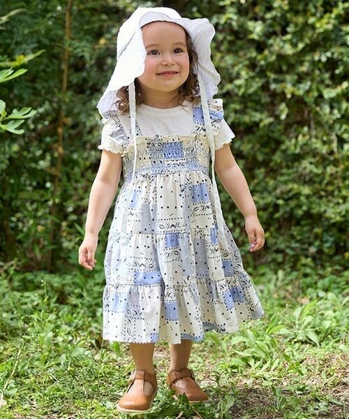 petit main / プティマイン ミニ丈・ひざ丈ワンピース | 【リンク】総柄シャーリングワンピース(キッズ)（ブルー）