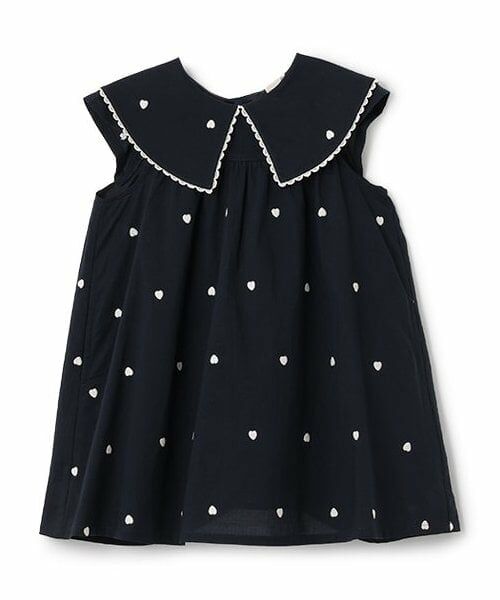 petit main / プティマイン ミニ丈・ひざ丈ワンピース | 【リンク】衿ハート刺しゅうワンピース(キッズ)（紺）