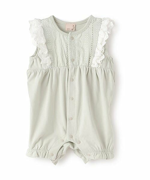 petit main / プティマイン ロンパース | レース切替カバーオール（ライト グリーン）