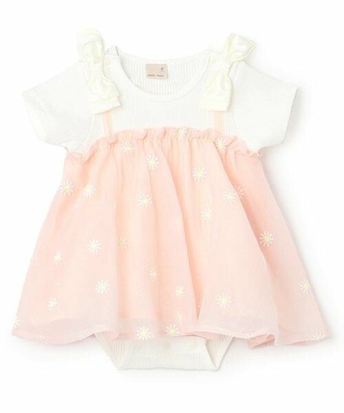 petit main / プティマイン ロンパース | 【リンク】花刺しゅう半袖ワンピース(ベビー)（ライト ピンク）