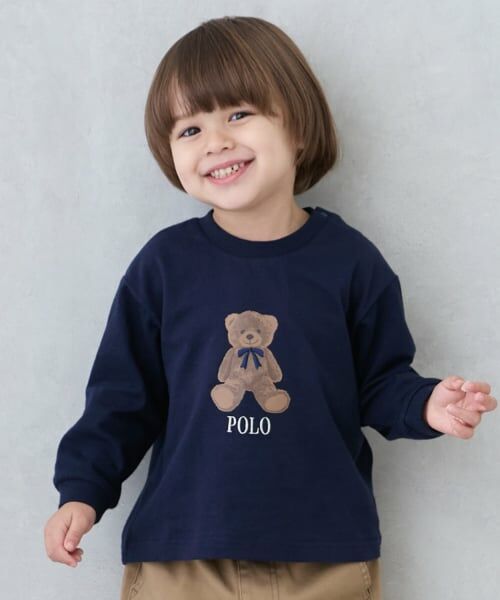 petit main / プティマイン Tシャツ | 【POLO BCS】くまグラフィック長袖T（紺）