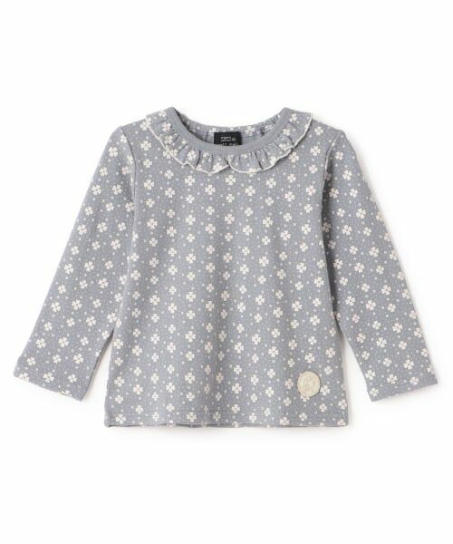 petit main / プティマイン Tシャツ | 【オーガニック】フリル衿長袖Tシャツ（ブルー グリーン）