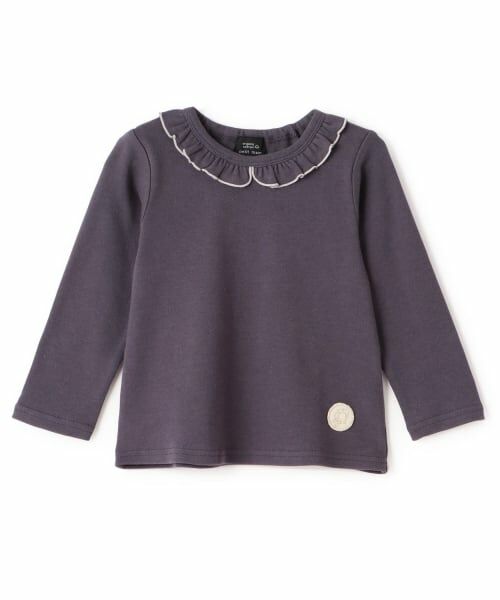 petit main / プティマイン Tシャツ | 【オーガニック】フリル衿長袖Tシャツ（チャコール）