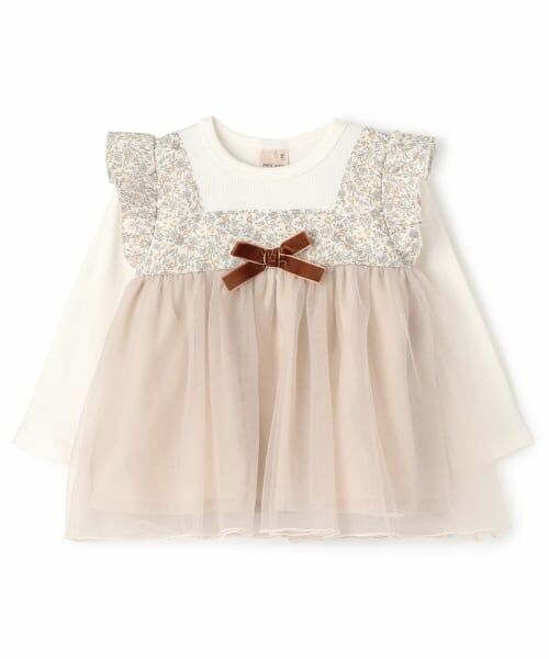 petit main / プティマイン Tシャツ | お花チュールドッキング長袖T（アイボリー）