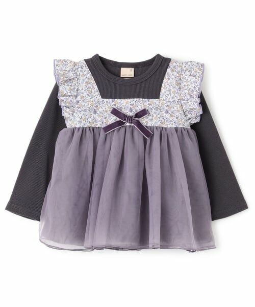 petit main / プティマイン Tシャツ | お花チュールドッキング長袖T（グレー）