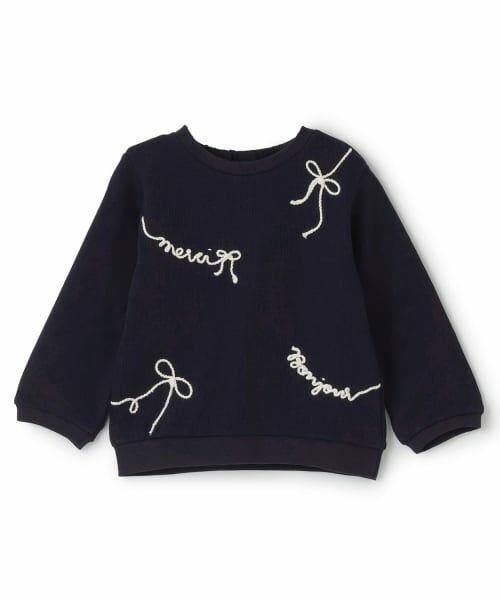 petit main / プティマイン Tシャツ | ロゴ刺しゅう長袖Tシャツ（紺）