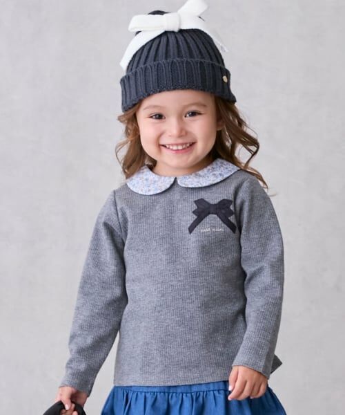 petit main / プティマイン Tシャツ | 【リンク】衿つきリボン長袖Tシャツ（チャコール）