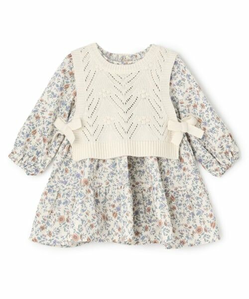 petit main / プティマイン ミニ丈・ひざ丈ワンピース | 【リンク】ベストつきティアードワンピース(キッズサイズ)（アイボリー）