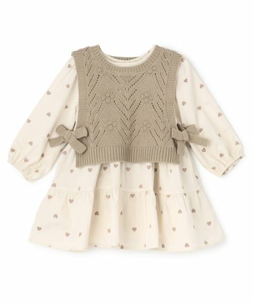 petit main / プティマイン ミニ丈・ひざ丈ワンピース | 【リンク】ベストつきティアードワンピース(キッズサイズ)（モカ茶）