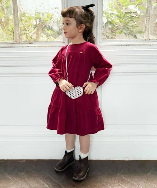 petit main / プティマイン ミニ丈・ひざ丈ワンピース | コーデュロイティアードワンピース（赤）