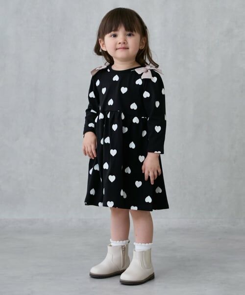 petit main / プティマイン ミニ丈・ひざ丈ワンピース | 【GOODPRICE】柄リボンカットワンピース（黒）