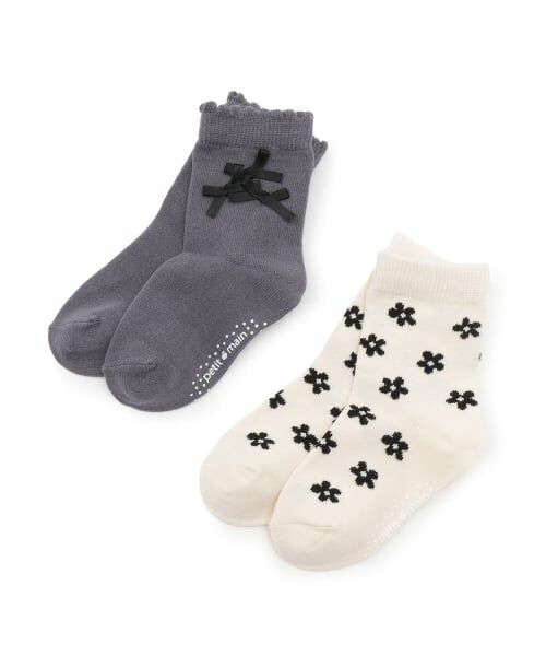 petit main / プティマイン ソックス | リボン花柄ソックス2P（ブルー グレー）