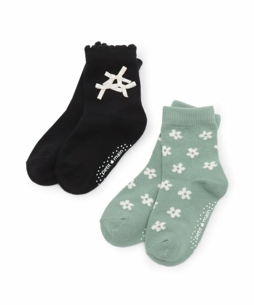 petit main / プティマイン ソックス | リボン花柄ソックス2P（黒）
