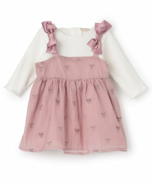 petit main / プティマイン ベビー・キッズウエア | リボン刺しゅうOPセットアップ（ライト ピンク）